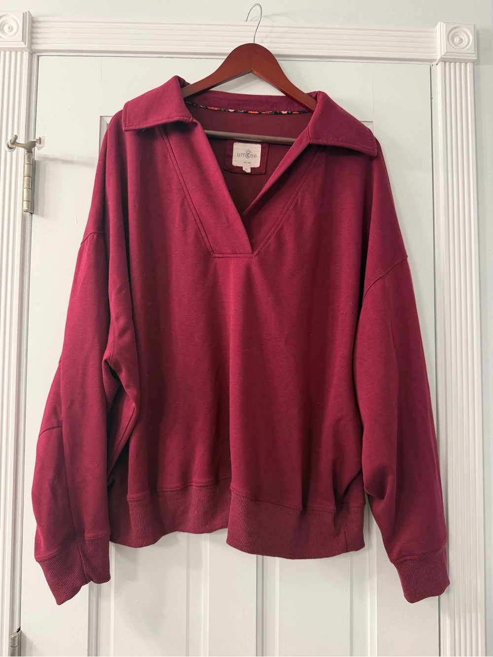 Umgee Maroon Split V-Collar Pullover Sweatshirt